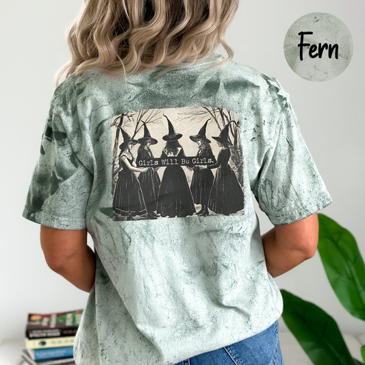 Vintage Girls Will Be Girls Witch Comfort Colors Color Blast Shirt, Funny Witch Vintage Shirt, Vintage Halloween Women's Shirt, Witchy Vibes Shirt