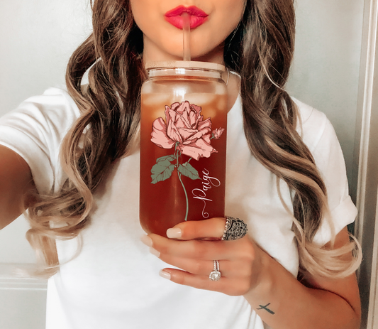 Personalized Iced Coffee Cup Glass Cup, Custom Can Glass with Lid and Straw, Gift Glass can coffee cup