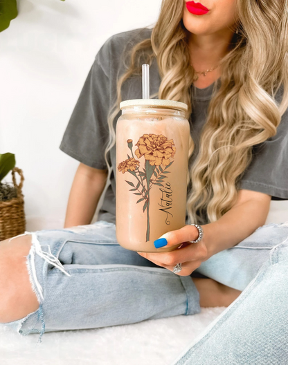 Personalized Iced Coffee Cup Glass Cup, Custom Can Glass with Lid and Straw, Gift Glass can coffee cup