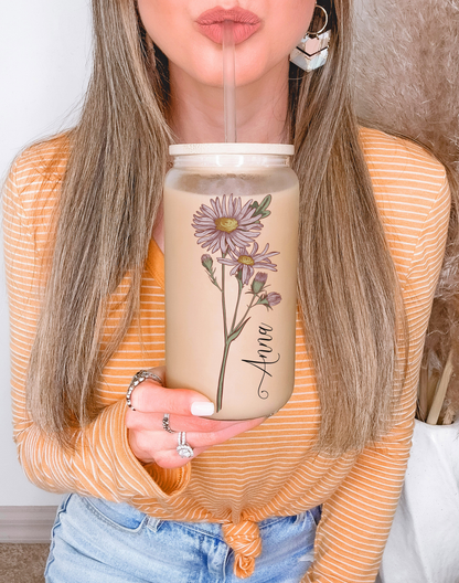Personalized Iced Coffee Cup Glass Cup, Custom Can Glass with Lid and Straw, Gift Glass can coffee cup
