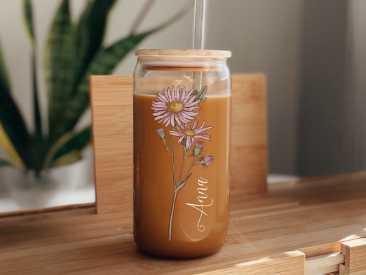 Custom Birth Flower Glass Coffee Cup with Name Birth Flower Tumbler