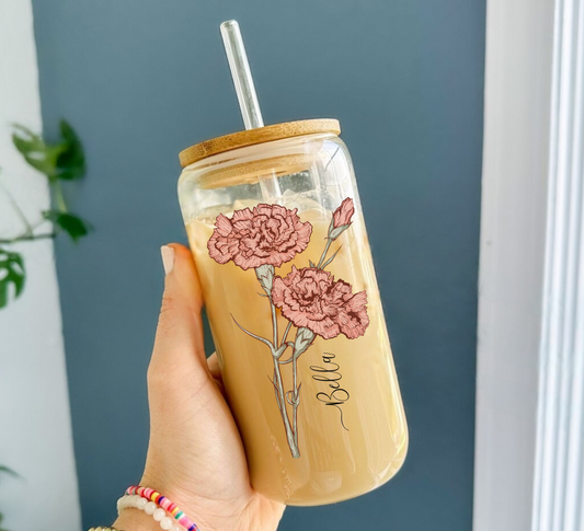 Custom Iced Coffee Cup 16oz Glass Cup, Personalized Can Glass with Lid and Straw, Gift Glass Can Coffee Cup