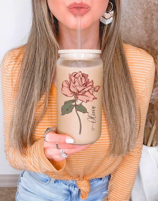 Custom Birth Flower Iced Coffee Cup Glass Cup, Personalized Can Glass with Lid and Straw