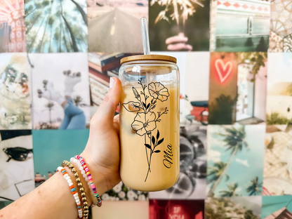 Custom Birth Flower Tumbler with Name Birth Flower Glass Coffee Cup