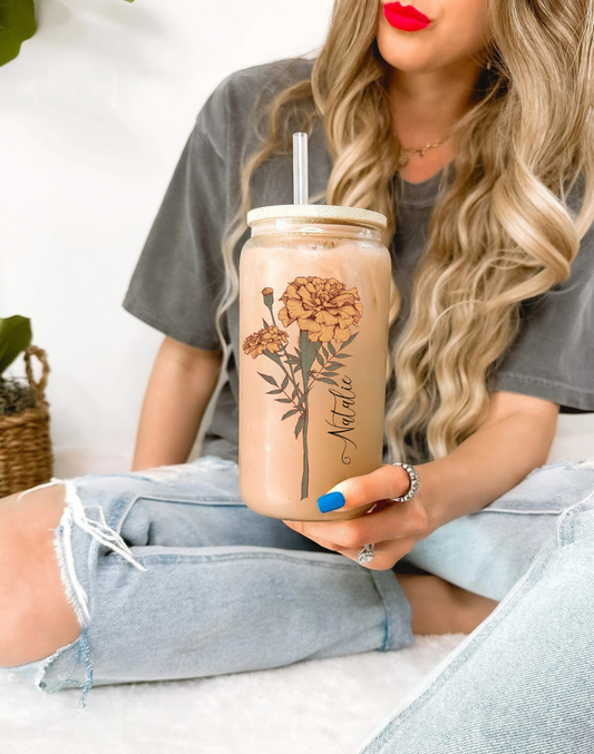 Personalized Iced Coffee Cup Glass Cup, Custom Can Glass with Lid and Straw, Bridesmaid Gift Glass can coffee cup
