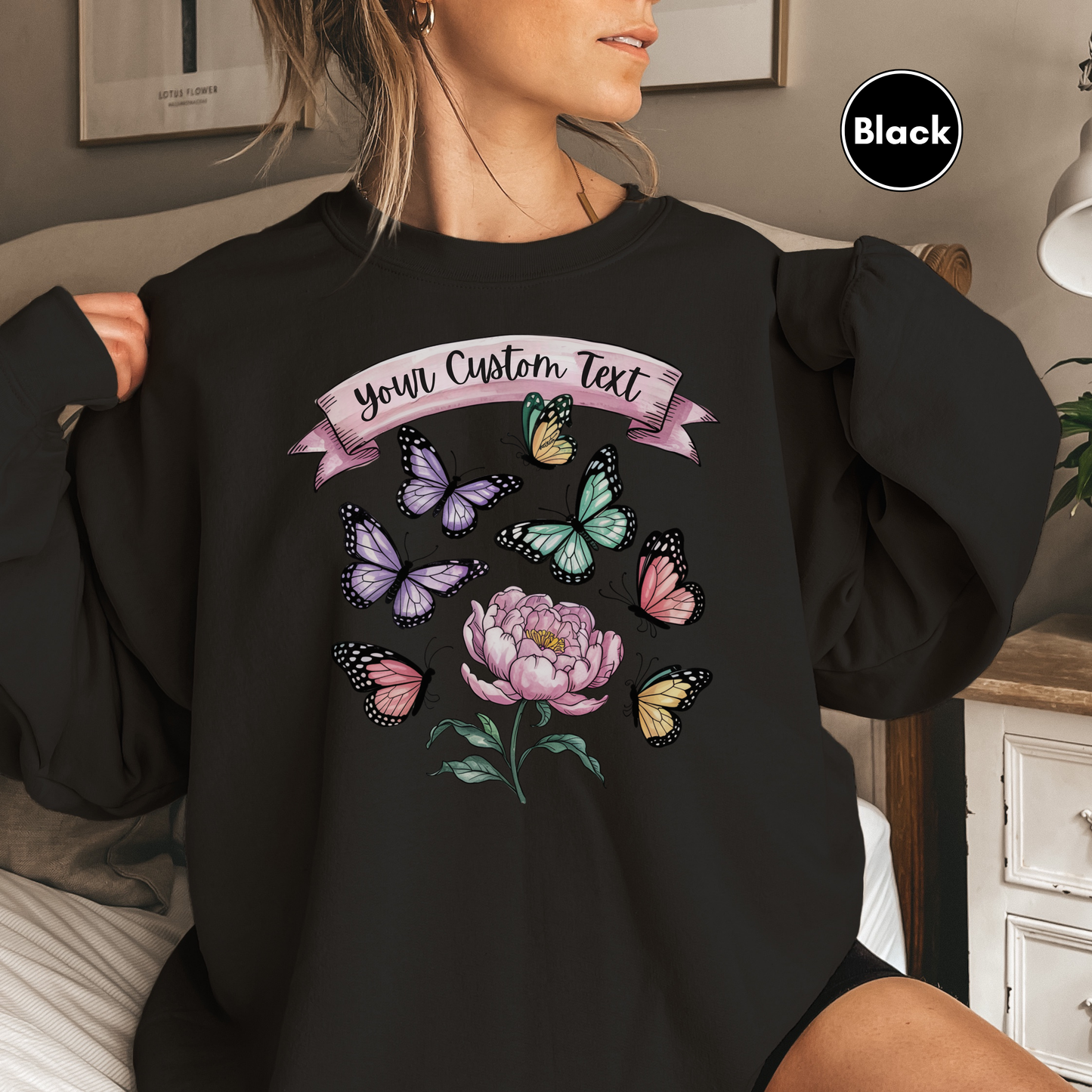 Custom Text Butterfly Flower Sweatshirt, Personalized Nature Pullover, Pastel Monarch Butterfly Graphic Top, Gift for Her, Garden Sweatshirt