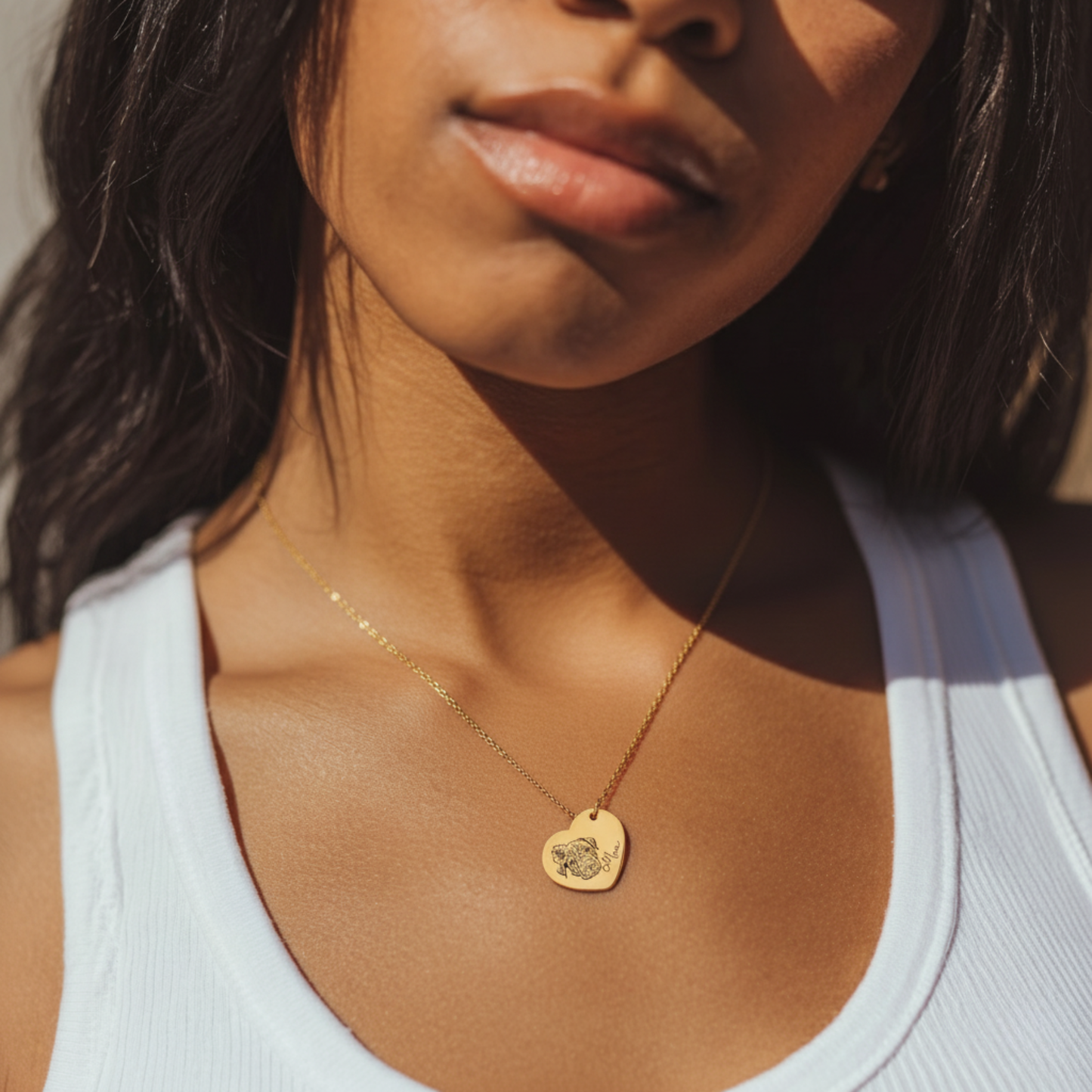18k Gold Plated Personalized Pet Portrait Heart Necklace, Custom Photo Engraved Pet Heart Necklace, Pet Name Heart Necklace