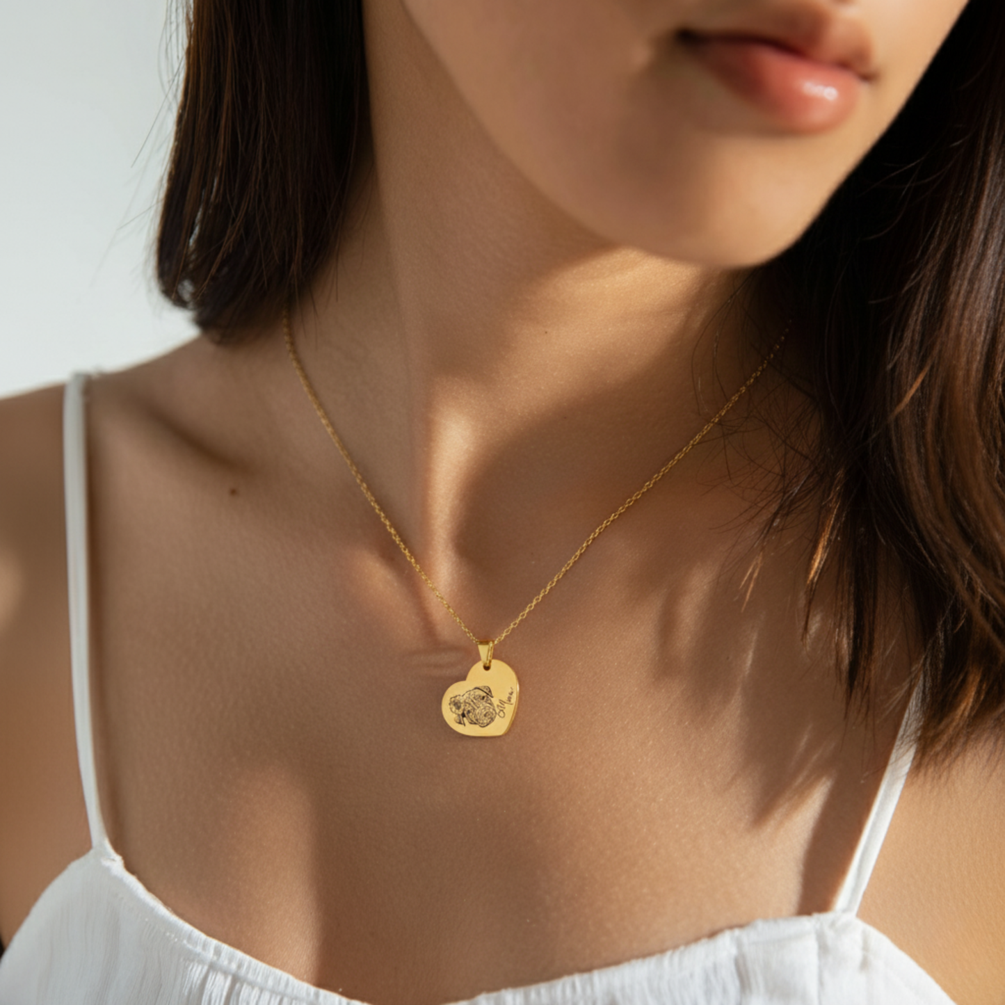 18k Gold Plated Personalized Pet Portrait Heart Necklace, Custom Photo Engraved Pet Heart Necklace, Pet Name Heart Necklace