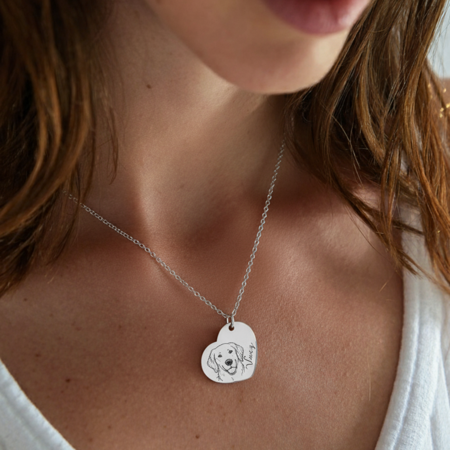 18k Gold Plated Personalized Pet Portrait Heart Necklace, Custom Photo Engraved Pet Heart Necklace, Pet Name Heart Necklace