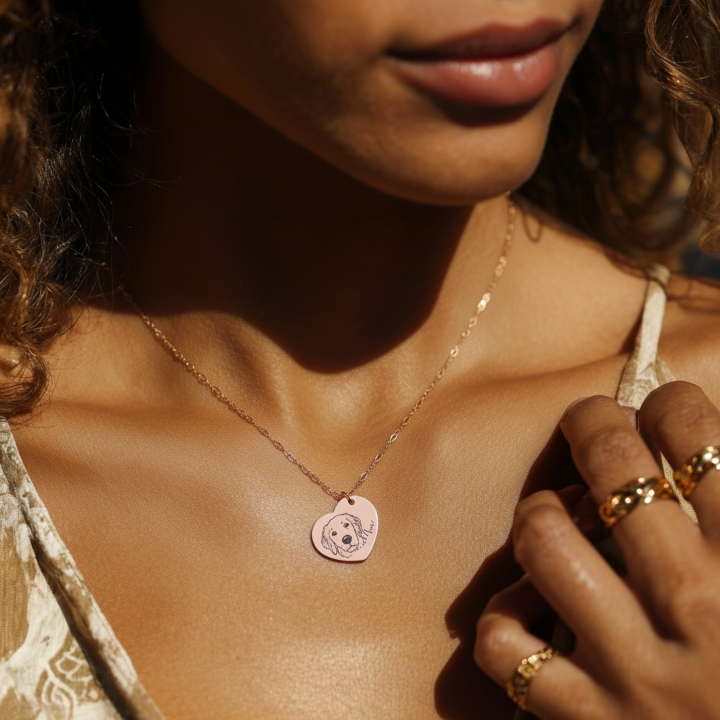 18k Gold Plated Personalized Pet Portrait Heart Necklace, Custom Photo Engraved Pet Heart Necklace, Pet Name Heart Necklace