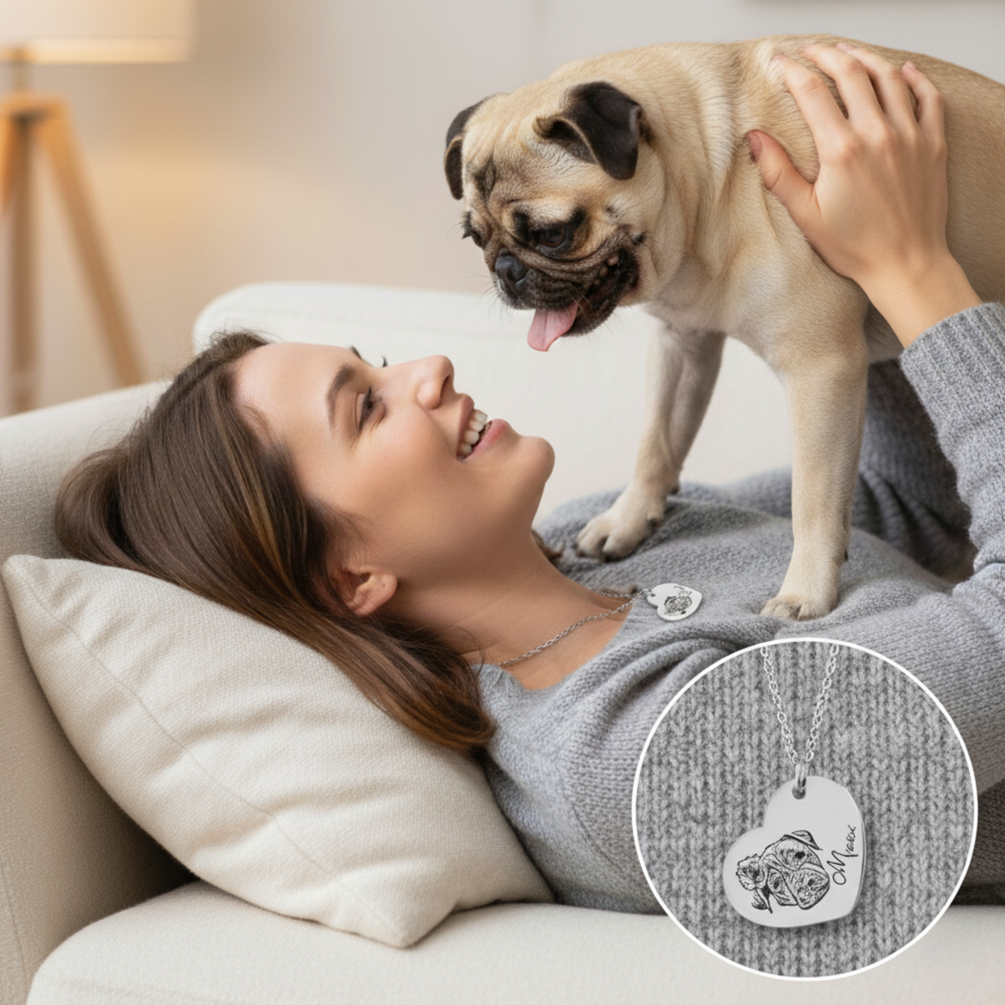 18k Gold Plated Personalized Pet Portrait Heart Necklace, Custom Photo Engraved Pet Heart Necklace, Pet Name Heart Necklace