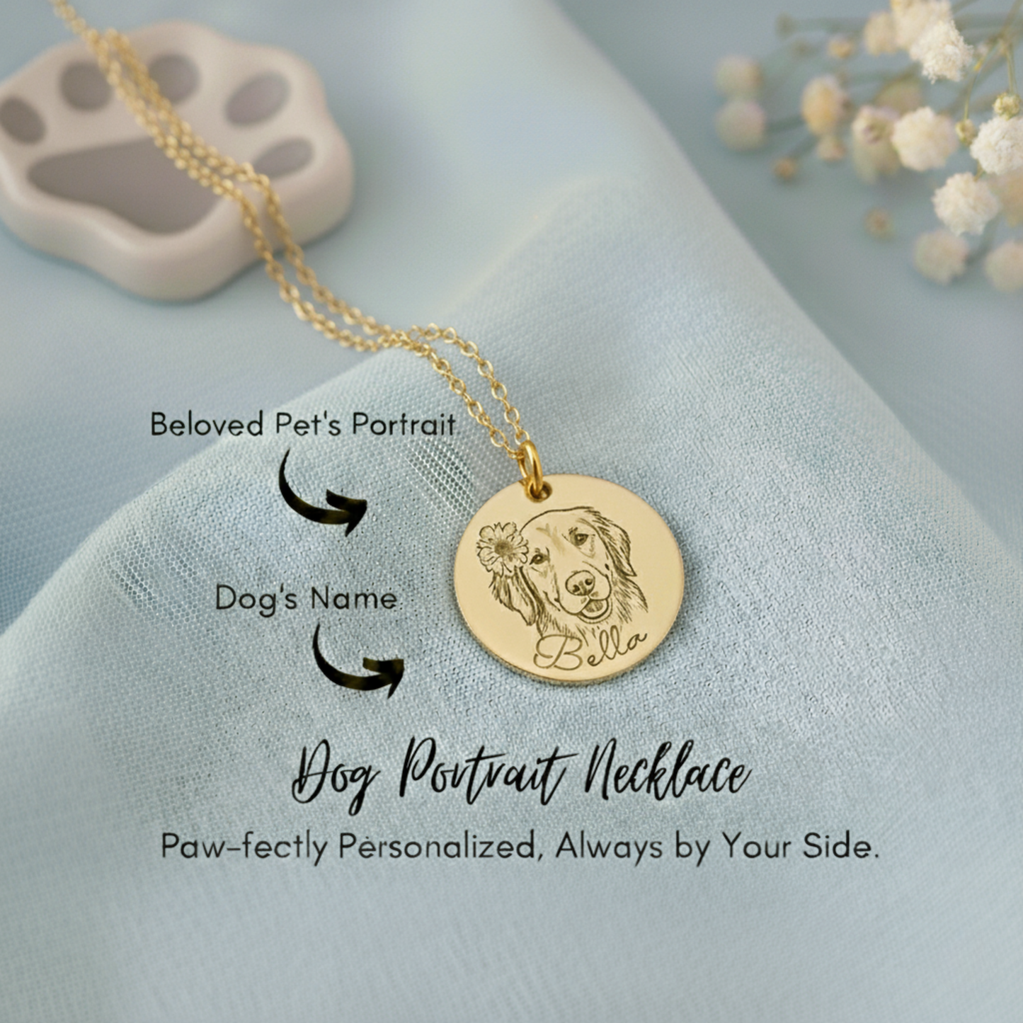 Personalized Pet Portrait Necklace, 18k Gold Plated Custom Dog or Cat Memorial Gift for Kids, Unique Gift for Pet Mom, Pet Lover Gift, Christmas Gift