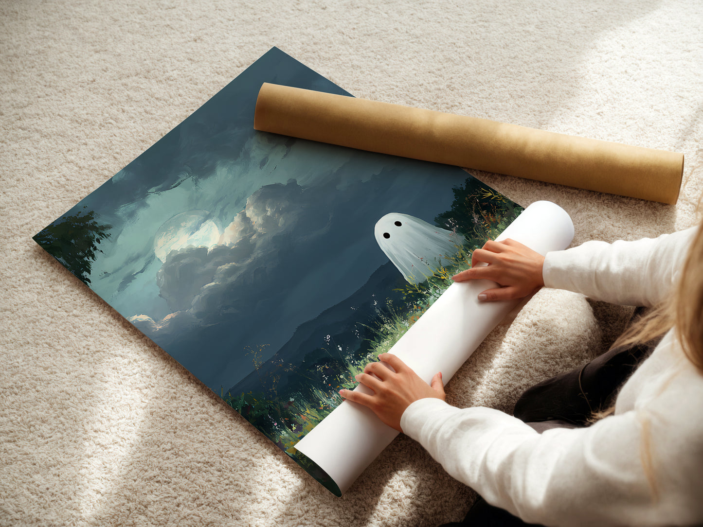 Haunted Ghost in Meadow Forest Poster, Eerie Ghost Spooky Night Print, Home Decor Wall Art, Unframed