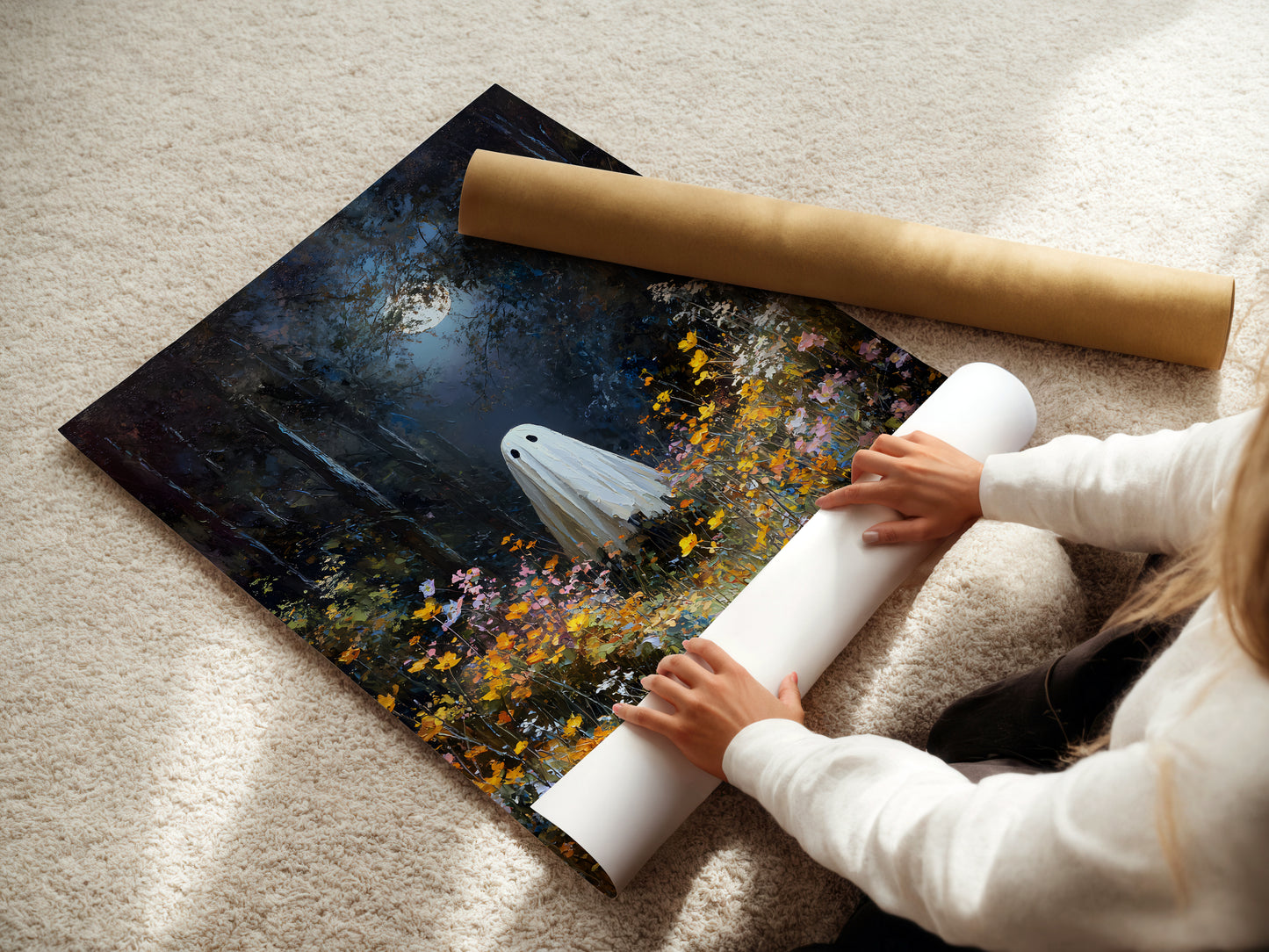 Ghost in Moonlit Wildflower Forest Poster, Ethereal Ghost Print, Home Decor Wall Art, Unframed