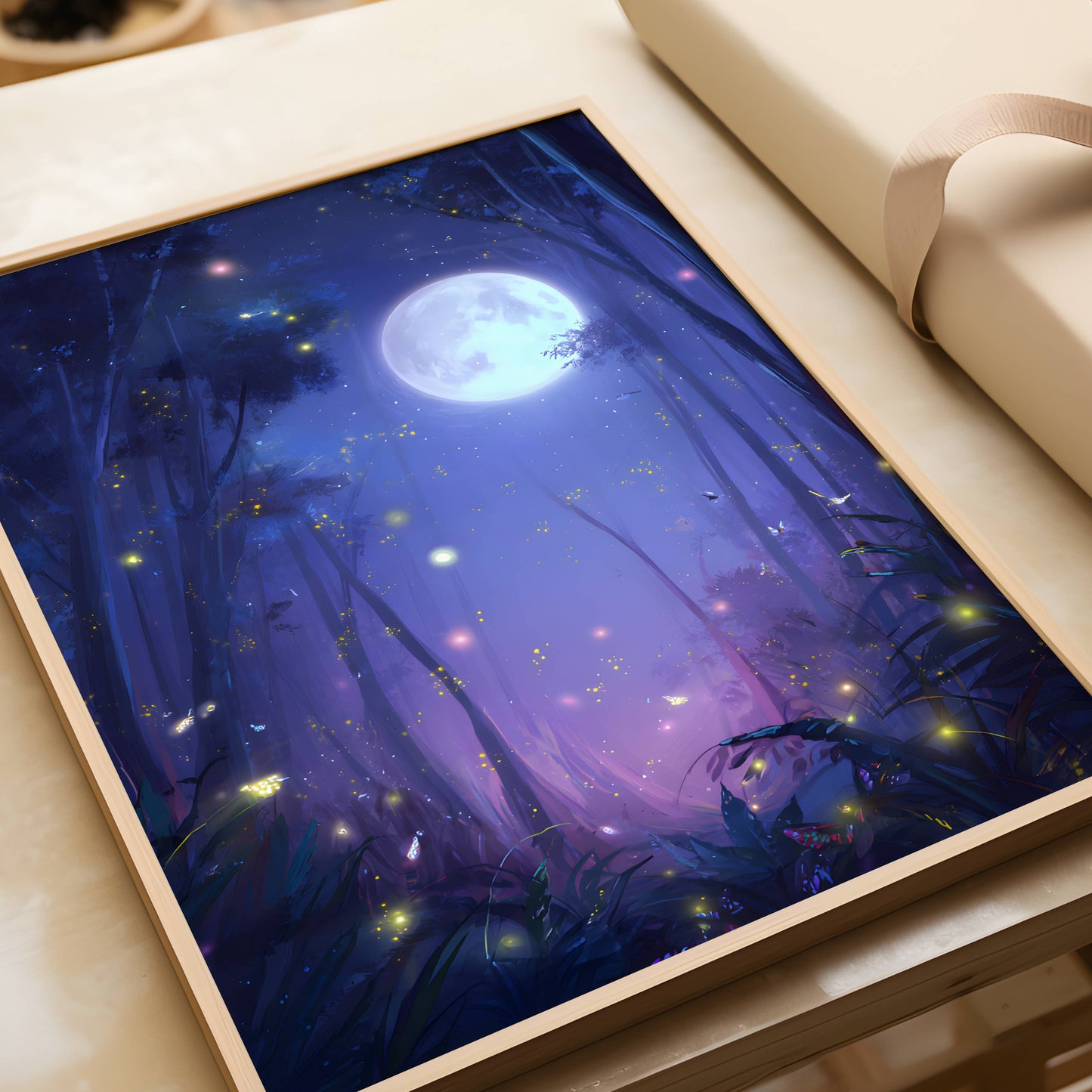 Enchanting Fireflies in a Forest Poster, Whimsical Lightning Bugs Print, Magical Glow Bugs Forest Wall Art, Dreamy Home Decor, Unframed