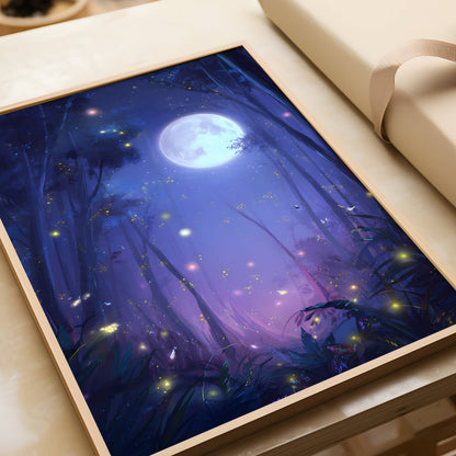 Enchanting Fireflies in a Forest Poster, Whimsical Lightning Bugs Print, Magical Glow Bugs Forest Wall Art, Dreamy Home Decor, Unframed