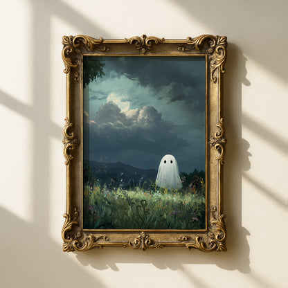 Haunted Ghost in Meadow Forest Poster, Eerie Ghost Spooky Night Print, Home Decor Wall Art, Unframed