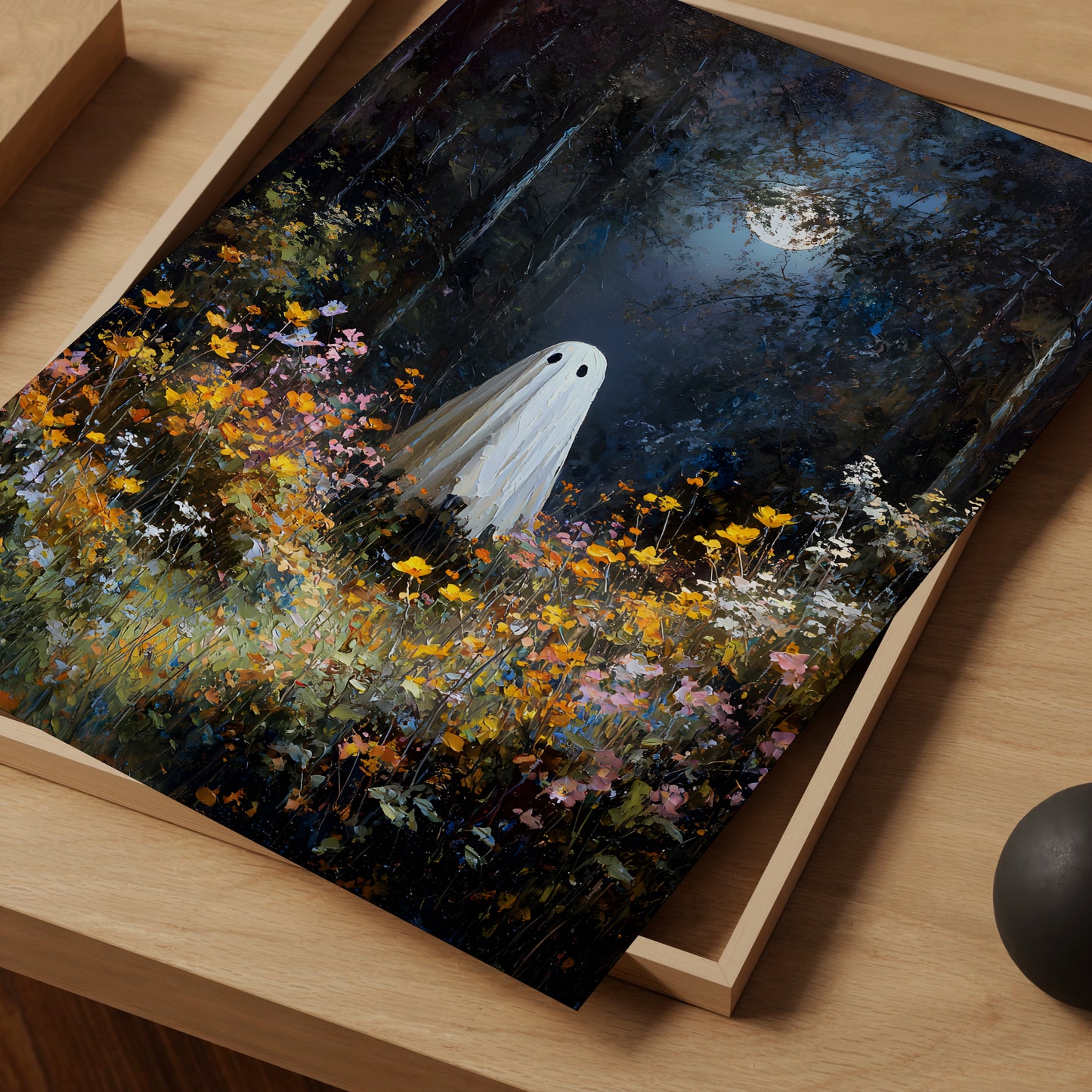 Ghost in Moonlit Wildflower Forest Poster, Ethereal Ghost Print, Home Decor Wall Art, Unframed