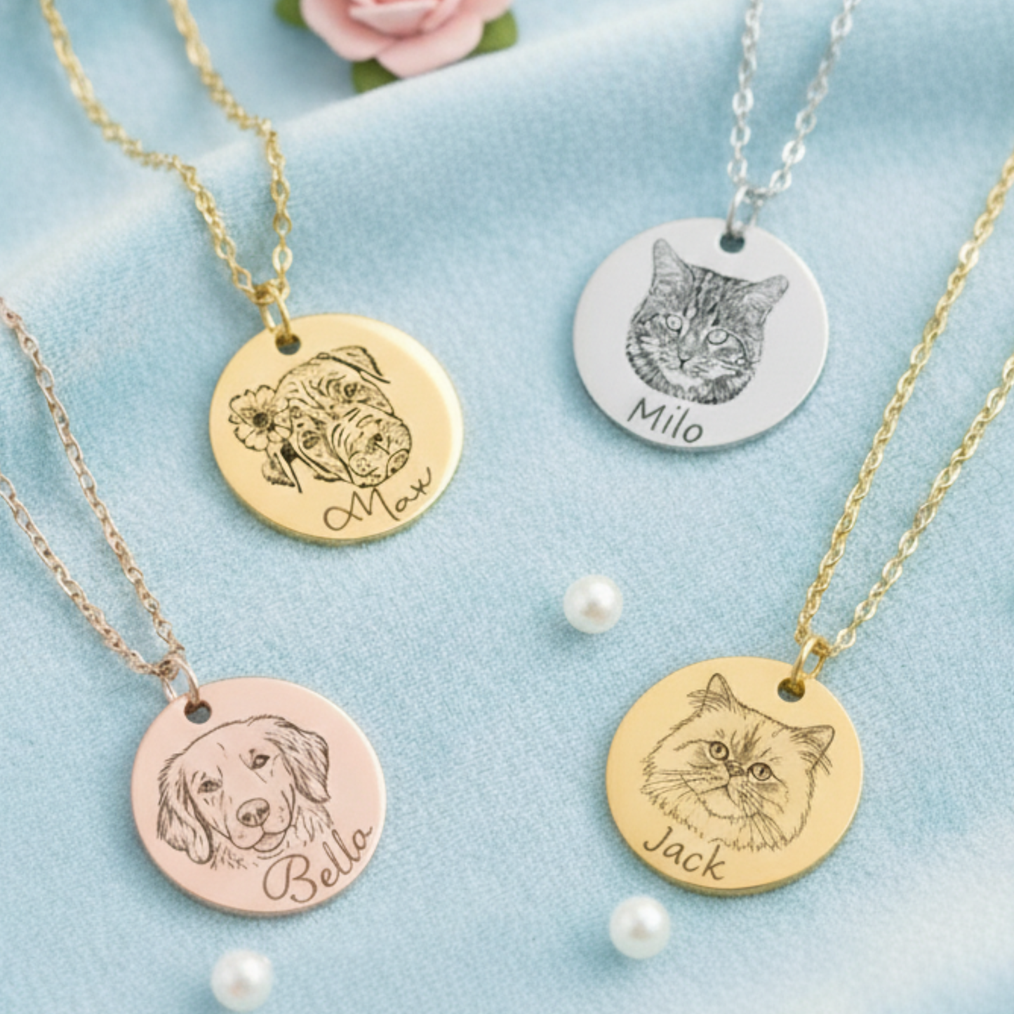 18k Gold Plated Personalized Cat Portrait Name Necklace, Custom Dog Portrait Necklace, Custom Dog or Cat Memorial Gift for Kids