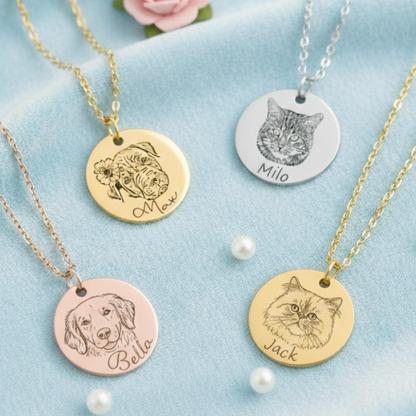 18k Gold Plated Personalized Cat Portrait Name Necklace, Custom Dog Portrait Necklace, Custom Dog or Cat Memorial Gift for Kids