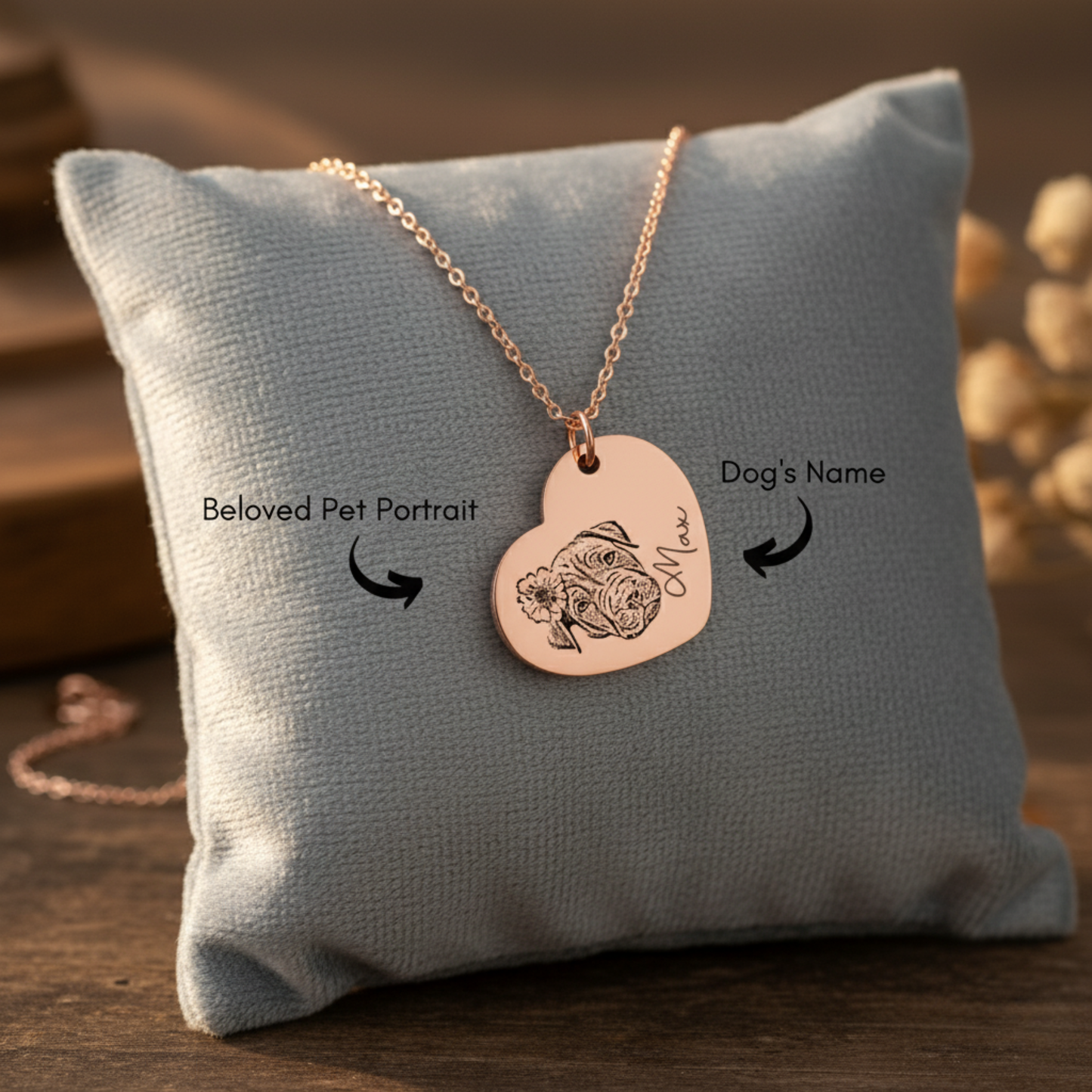 18k Gold Plated Personalized Pet Portrait Heart Necklace, Custom Photo Engraved Pet Heart Necklace, Pet Name Heart Necklace