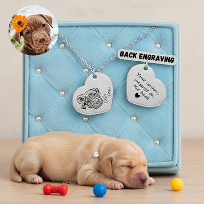 18k Gold Plated Personalized Pet Portrait Heart Necklace, Custom Photo Engraved Pet Heart Necklace, Pet Name Heart Necklace