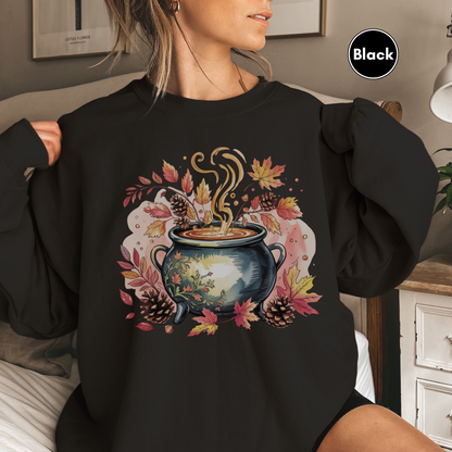 Autumn Cauldron Sweatshirt, Fall Leaves Pullover, Witchy Halloween Sweatshirt, Nature Lover Gift for Her, Cozy Fall Witchy Vibes Sweatshirt