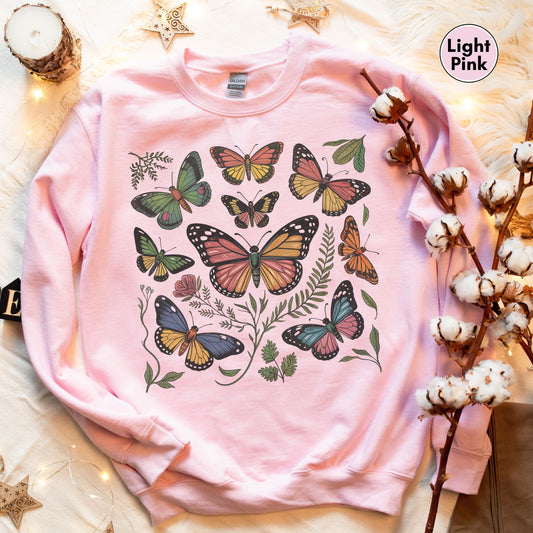 Pink Butterfly & Moth Sweatshirt, Cottagecore Vintage Pullover, Botanical Sweatshirt