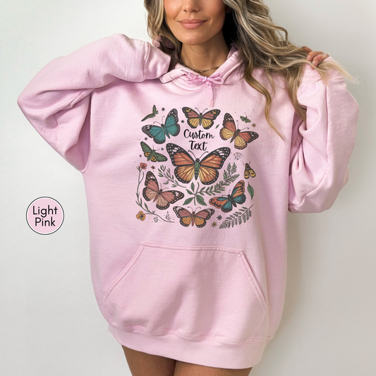 Personalized Text Butterfly Garden Hoodie, Custom Butterfly and Moth Botanical Hoodie, Custom Cottagecore Pullover, Nature Lover Hoodie