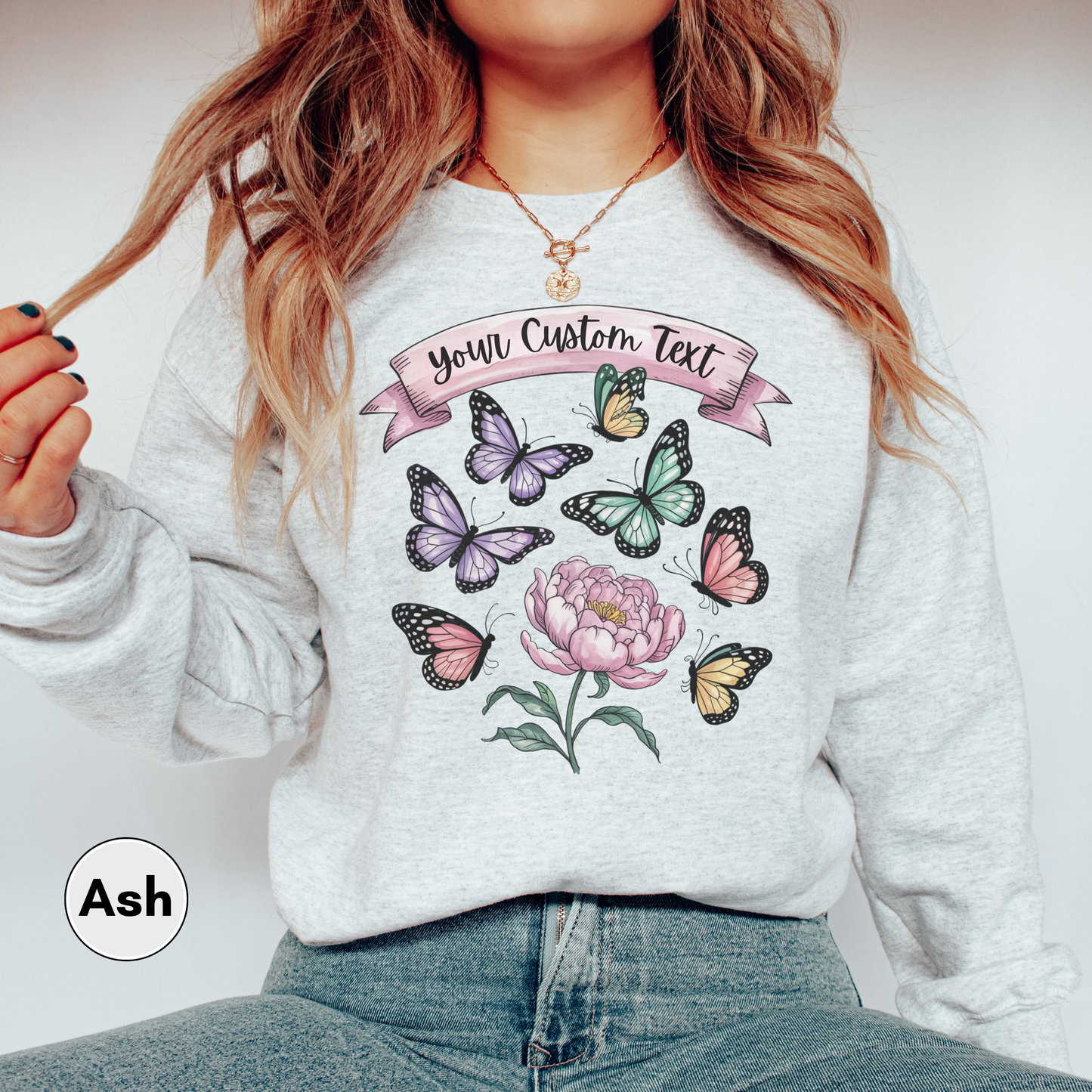 Custom Text Butterfly Flower Sweatshirt, Personalized Nature Pullover, Pastel Monarch Butterfly Graphic Top, Gift for Her, Garden Sweatshirt