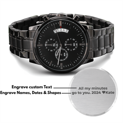 Personalized Engraved Text Black Chronograph Watch for Men, Custom Stainless Steel Watch, Custom Text Watch, Gift for Him