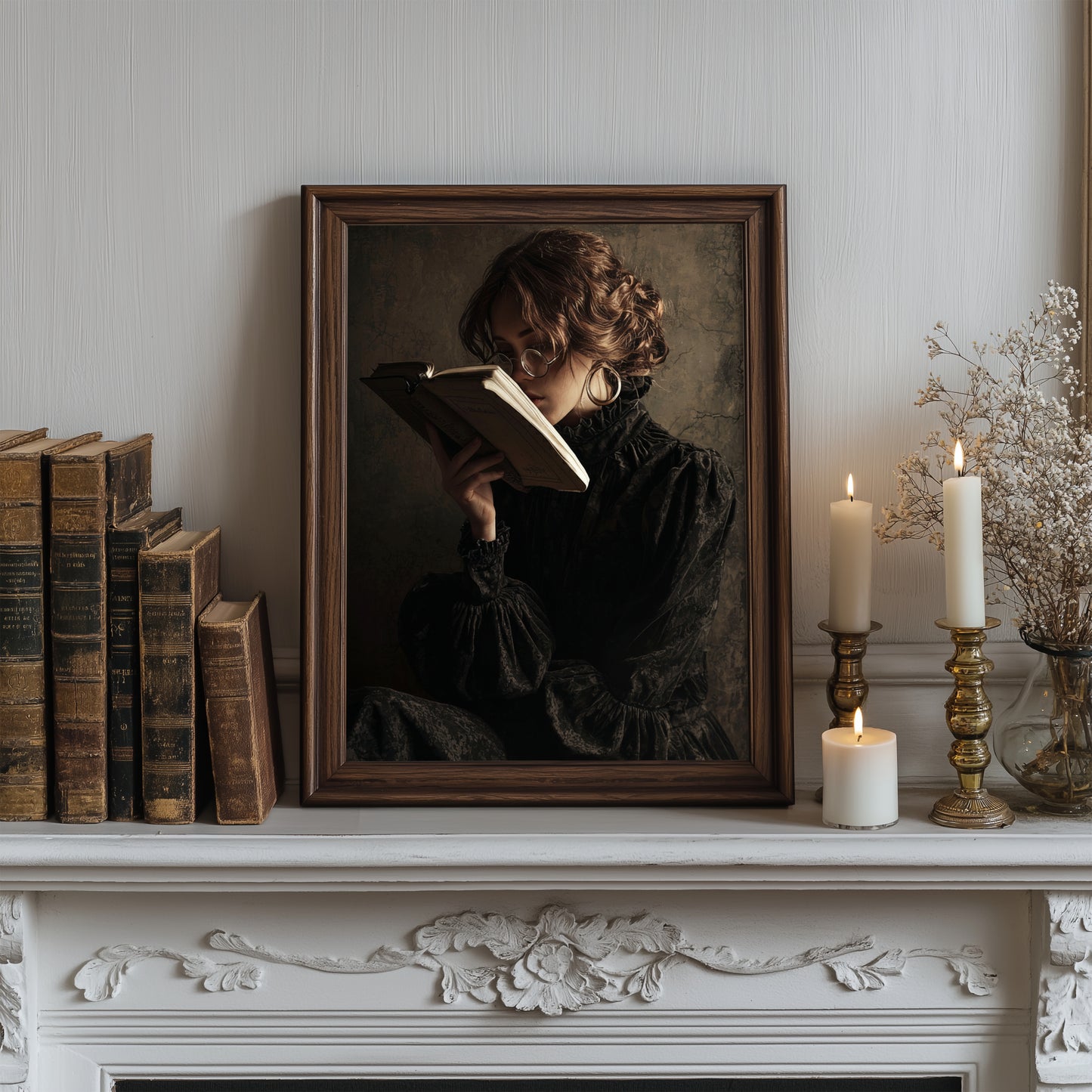 Victorian Woman Reading Book Poster, Moody Library Print, Vintage Style Painting, Wall Art for Book Lovers and Readers, Printed and Shipped