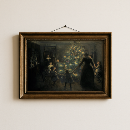 Victorian Christmas Tree Family Gathering Poster, Glowing Christmas Lights Holiday Celebration Print, Cozy Vintage Winter Wall Art, Unframed