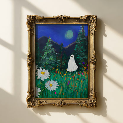 Haunted Ghost in Moonlit Forest Poster, Spooky Halloween Wall Art Print, Whimsical Ghost Painting with Wildflowers, Unframed