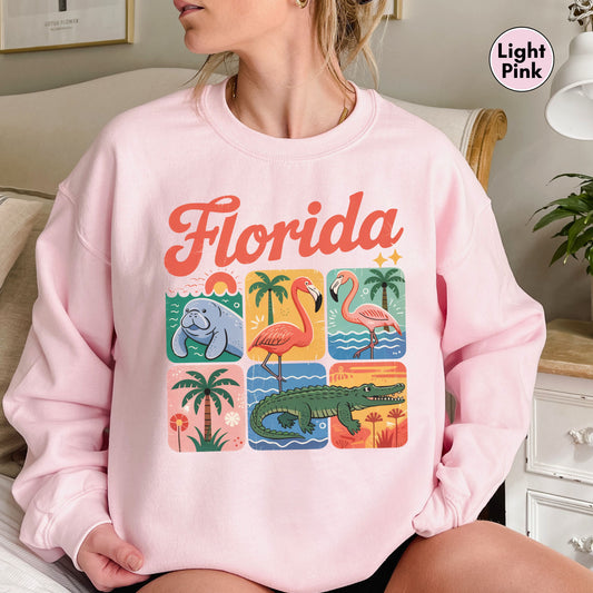 Florida Vintage Sweatshirt, Florida Lover Retro Animal Graphic Pullover, Wildlife Manatee Flamingo Alligator Sweatshirt, Sunshine State Souvenir