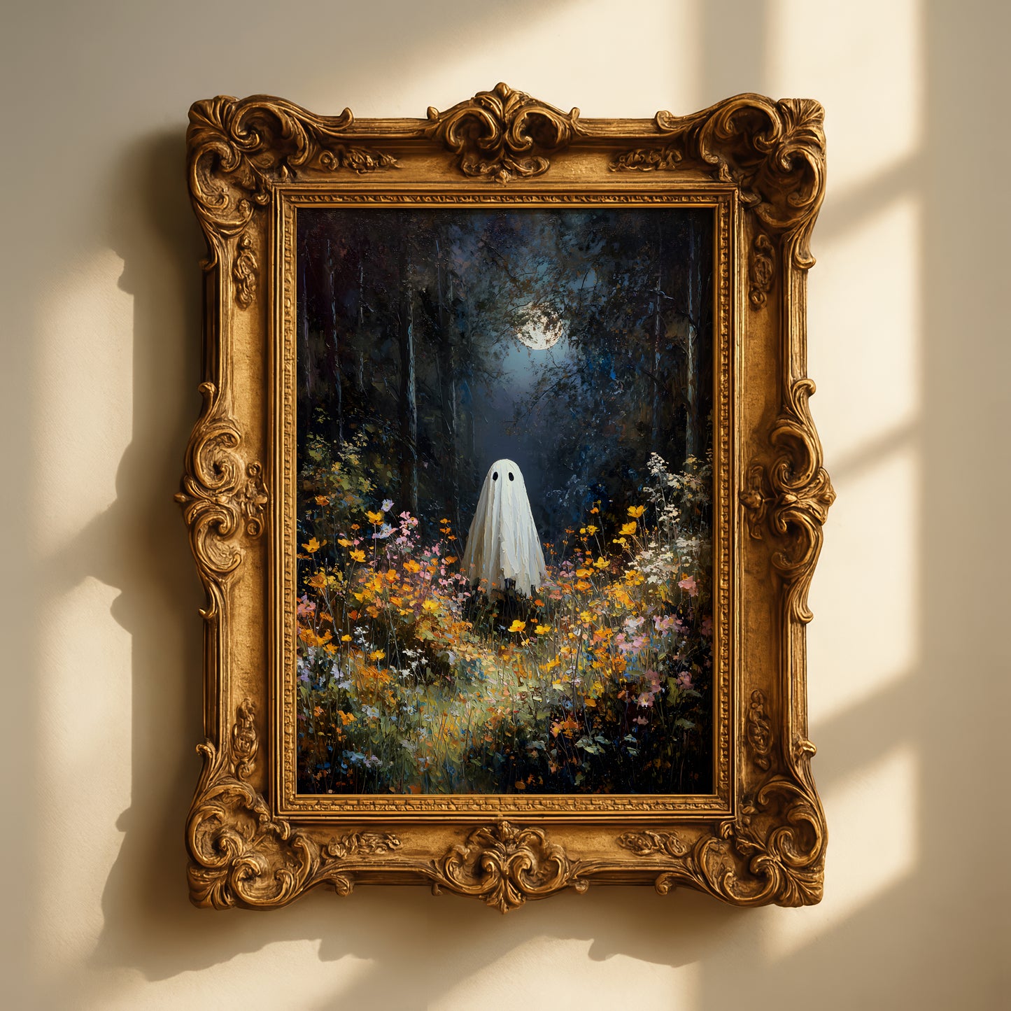Ghost in Moonlit Wildflower Forest Poster, Ethereal Ghost Print, Home Decor Wall Art, Unframed