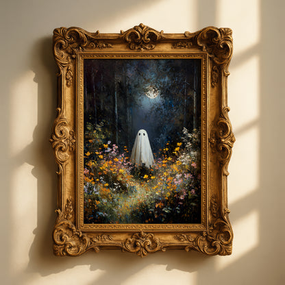 Ghost in Moonlit Wildflower Forest Poster, Ethereal Ghost Print, Home Decor Wall Art, Unframed