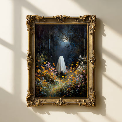 Ghost in Moonlit Wildflower Forest Poster, Ethereal Ghost Print, Home Decor Wall Art, Unframed