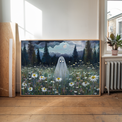 Haunted Ghost in Meadow Poster, Spooky Eerie Ghost Moonlit Wildflower Field Wall Art Print