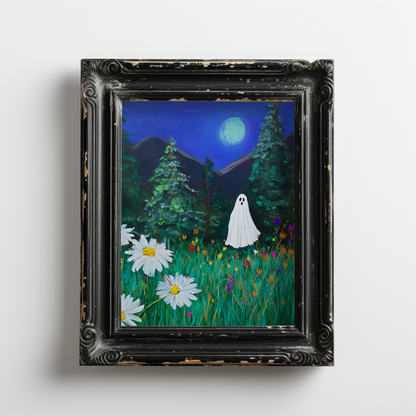Haunted Ghost in Moonlit Forest Poster, Spooky Halloween Wall Art Print, Whimsical Ghost Painting with Wildflowers, Unframed