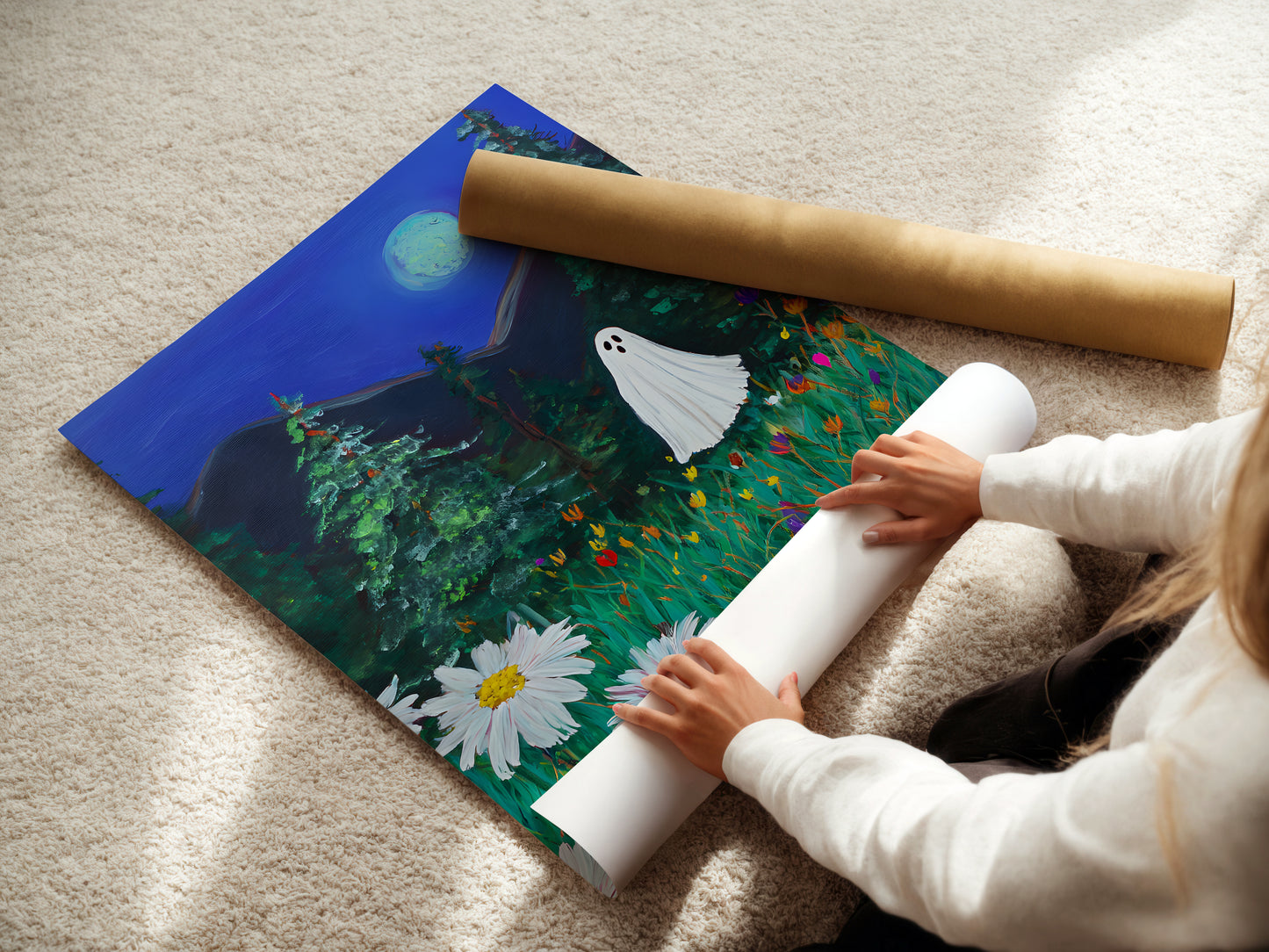 Haunted Ghost in Moonlit Forest Poster, Spooky Halloween Wall Art Print, Whimsical Ghost Painting with Wildflowers, Unframed