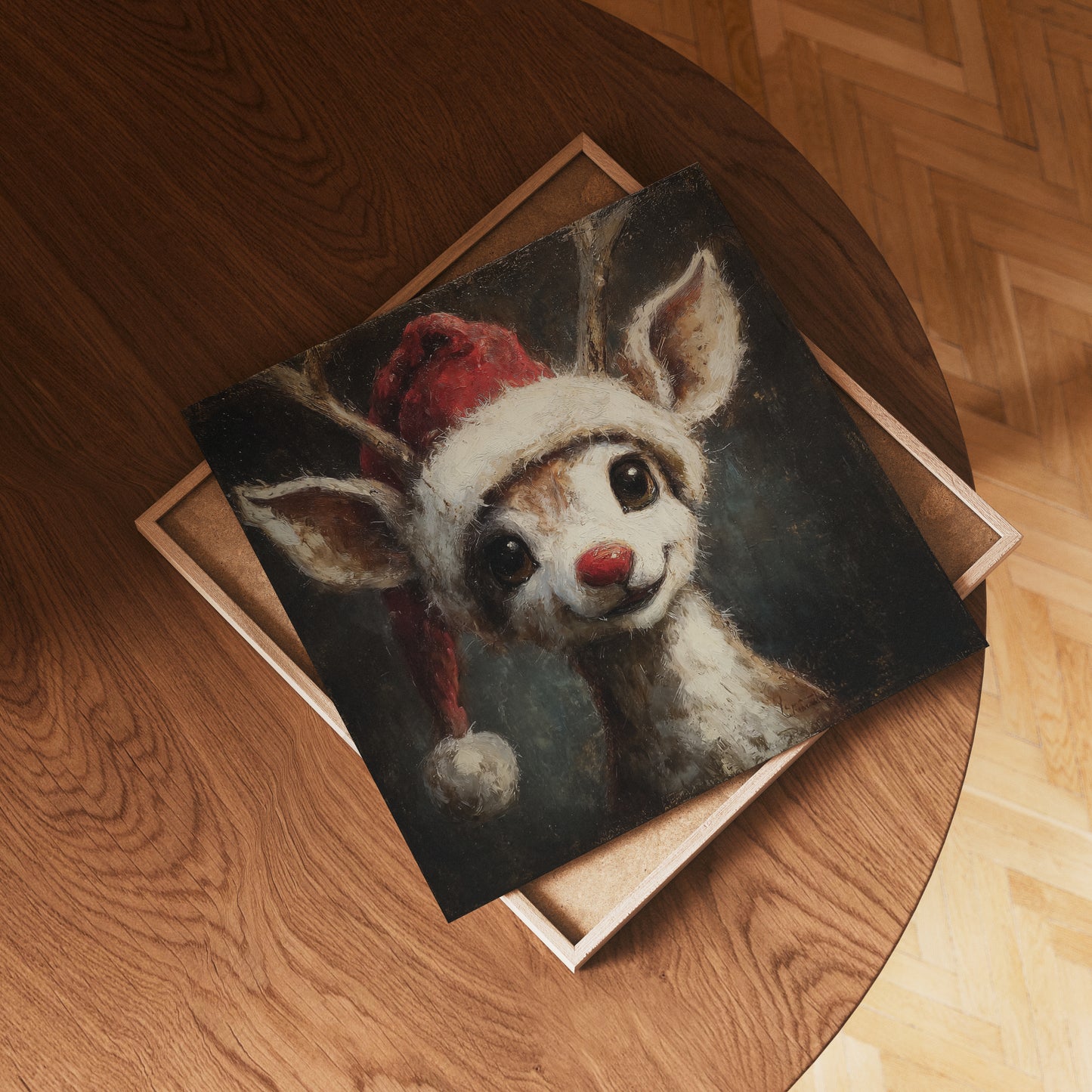 Vintage Rudolph Red Nose Reindeer Wearing Santa Hat Fine Art Poster, Whimsical Christmas Holiday Print, Home Decor Wall Art, Unframed