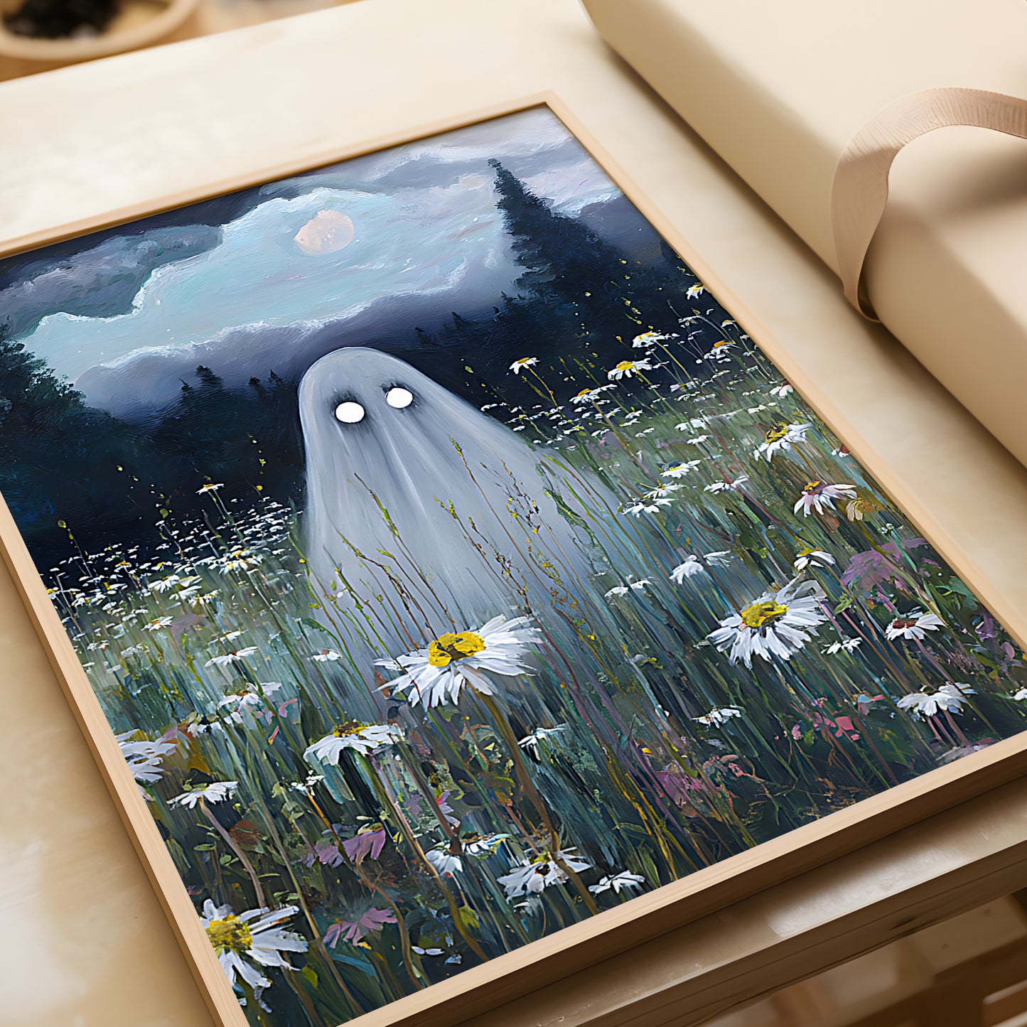 Haunted Ghost in Meadow Poster, Spooky Eerie Ghost Moonlit Wildflower Field Wall Art Print