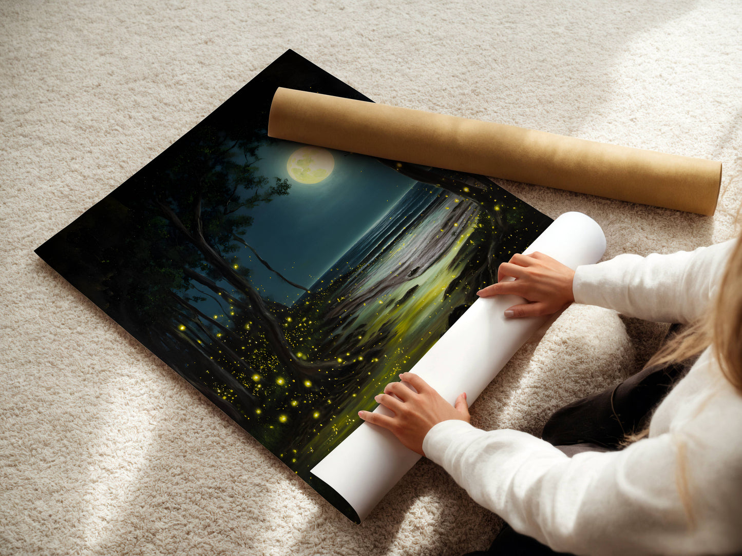 Enchanting Fireflies in a Moonlit Ocean Poster, Whimsical Lightning Bugs Print, Magical Glow Bugs Forest Wall Art, Dreamy Home Decor, Unframed