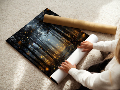 Enchanted Fireflies Forest Fine Art Poster, Magical Golden Glow Woodland Path Print, Mystical Nature Firefly Wall Art, Unframed