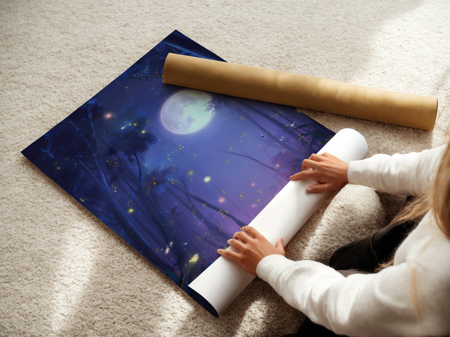 Enchanting Fireflies in a Forest Poster, Whimsical Lightning Bugs Print, Magical Glow Bugs Forest Wall Art, Dreamy Home Decor, Unframed