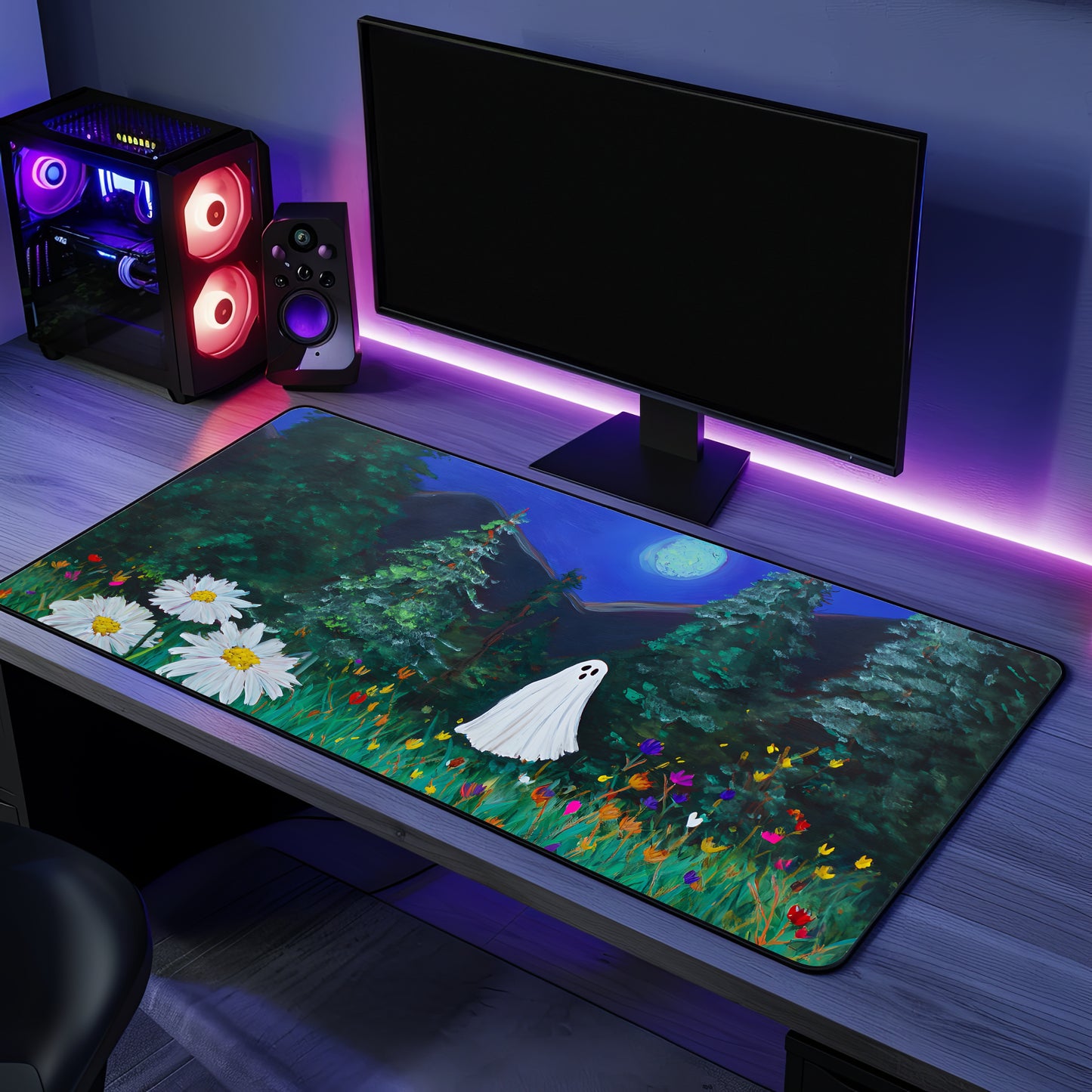 Haunted Ghost in Moonlit Forest Desk Mat, Large Extended Gaming Mouse Pad, Home Office Decor