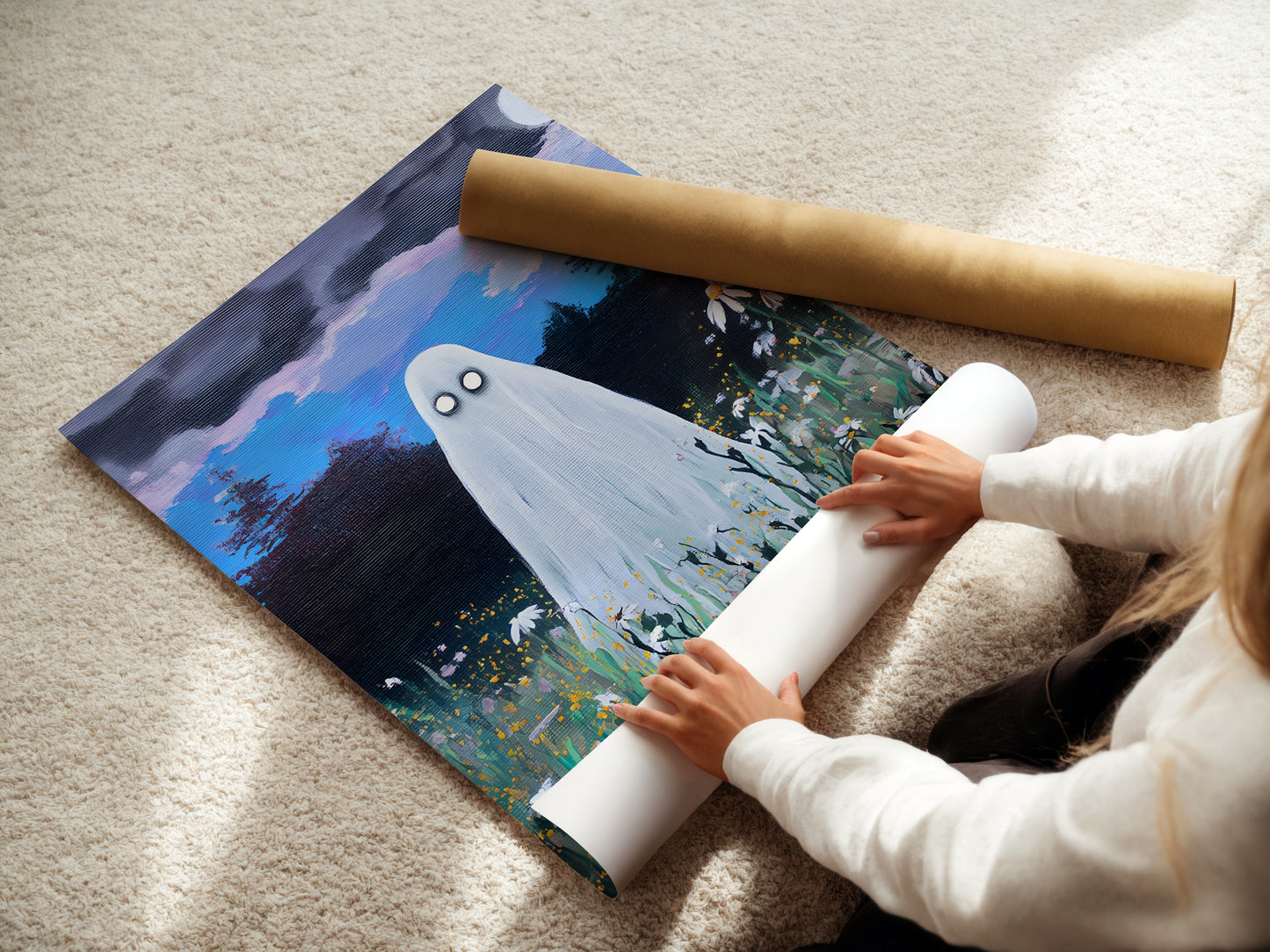 Haunted Ghost in Wildflower Field Poster, Spooky Ghost Poster Wall Art, Surreal Night Sky Print, Eerie Halloween Home Decor