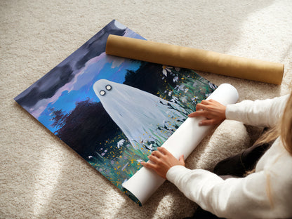 Haunted Ghost in Wildflower Field Poster, Spooky Ghost Poster Wall Art, Surreal Night Sky Print, Eerie Halloween Home Decor