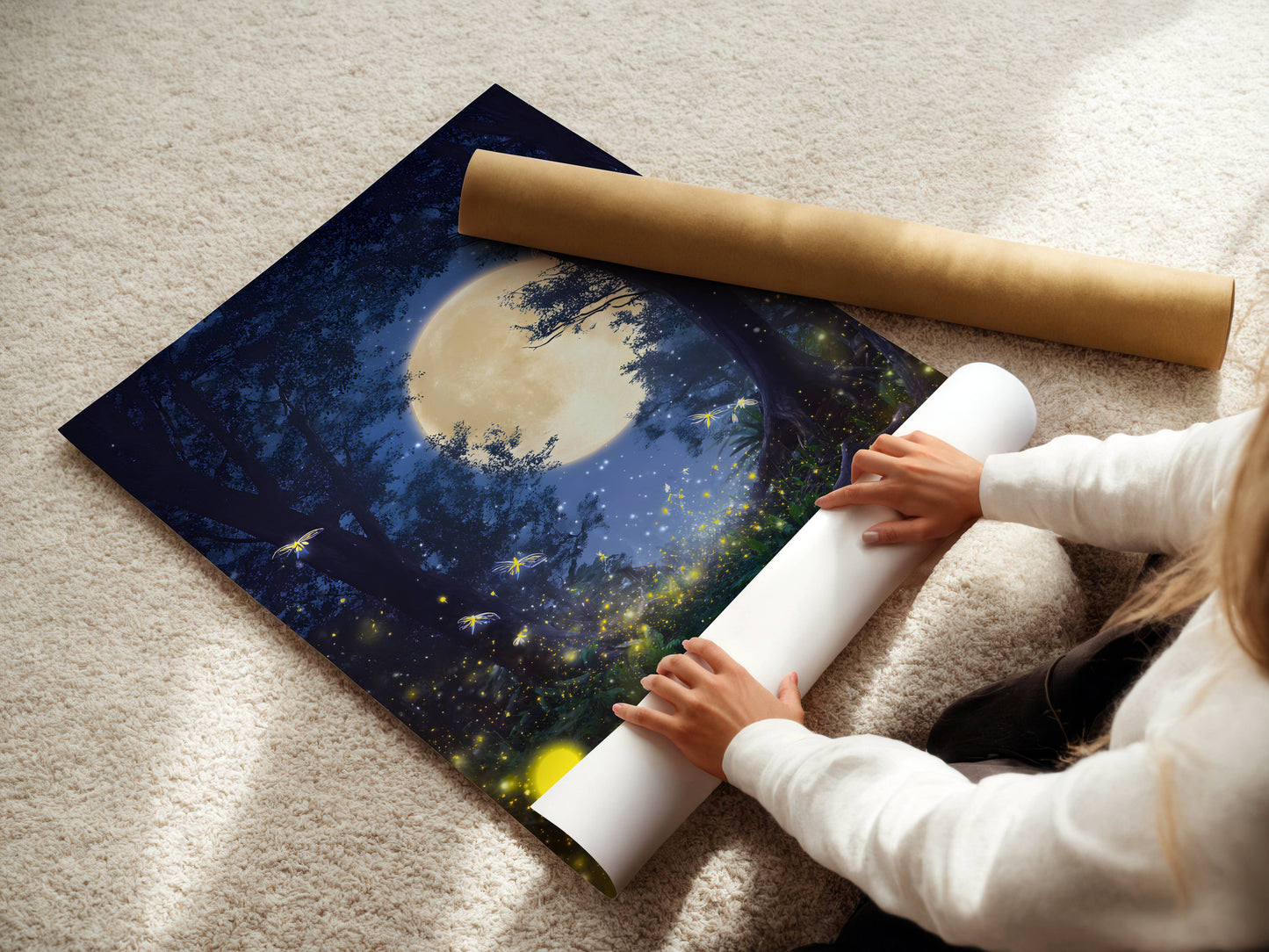 Glowing Fireflies in the Moonlit Forest Poster, Ethereal Moonlight Forest Print, Dreamlike Forest Night Wall Art, Unframed
